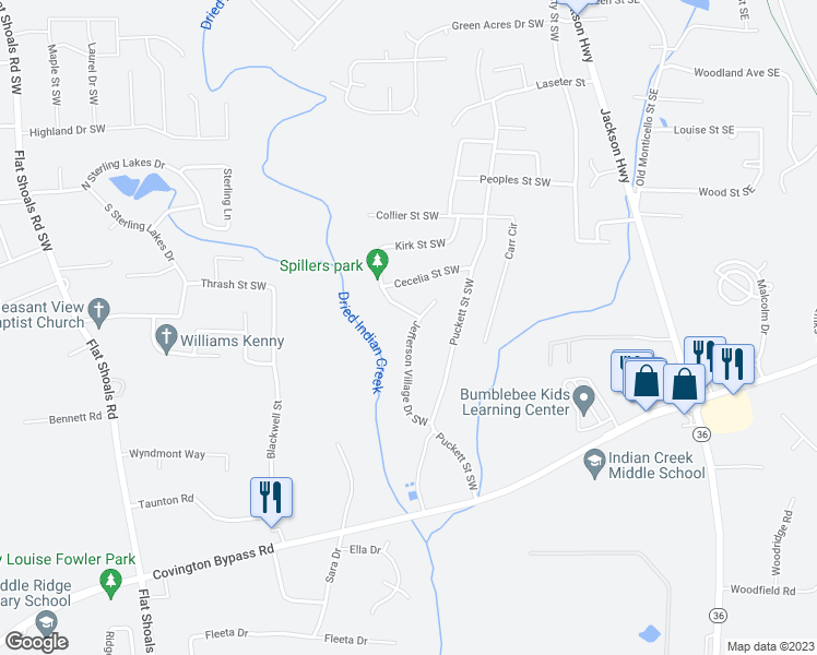 map of restaurants, bars, coffee shops, grocery stores, and more near 9154 Jefferson Village Drive Southwest in Covington