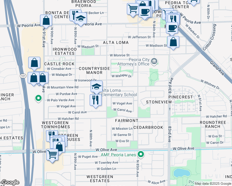 map of restaurants, bars, coffee shops, grocery stores, and more near 8609 West Purdue Avenue in Peoria