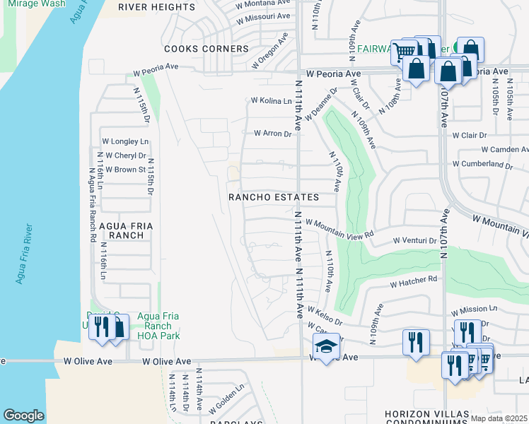 map of restaurants, bars, coffee shops, grocery stores, and more near 11132 West Mountain View Road in Sun City
