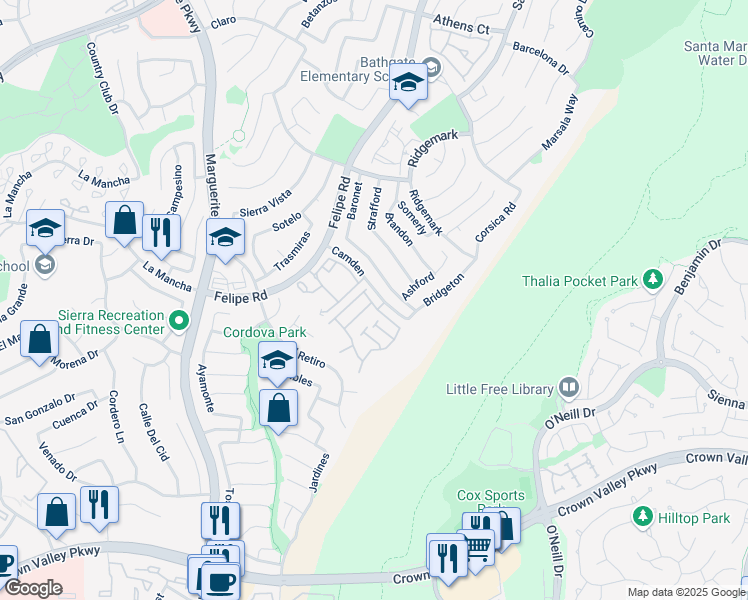 map of restaurants, bars, coffee shops, grocery stores, and more near 26840 Park Terrace Lane in Mission Viejo