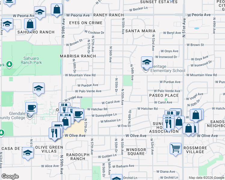 map of restaurants, bars, coffee shops, grocery stores, and more near 9615 North 56th Avenue in Glendale