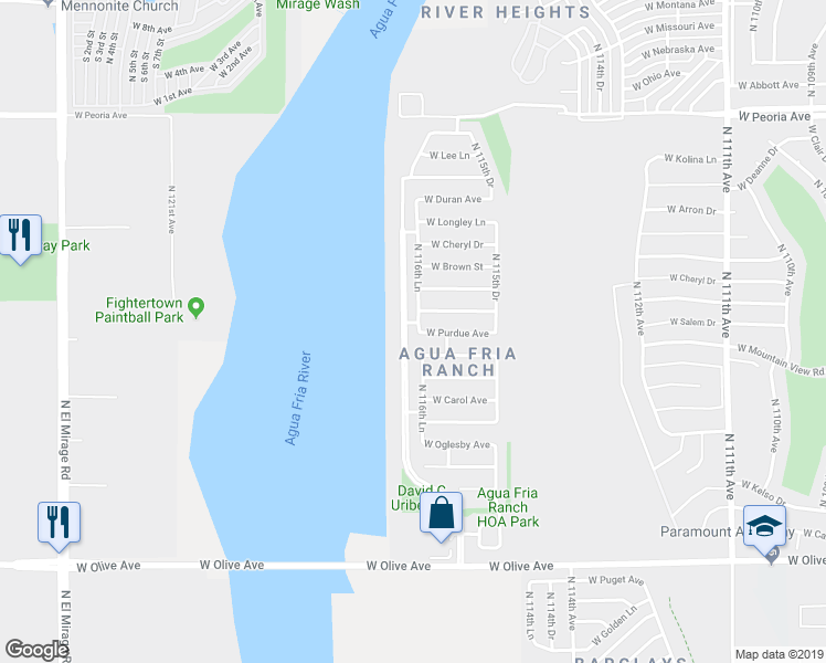 map of restaurants, bars, coffee shops, grocery stores, and more near 10264 North 116th Lane in Youngtown