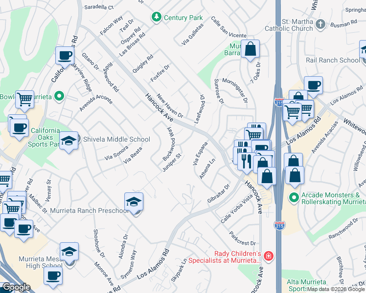 map of restaurants, bars, coffee shops, grocery stores, and more near 40036 Milkwood Lane in Murrieta