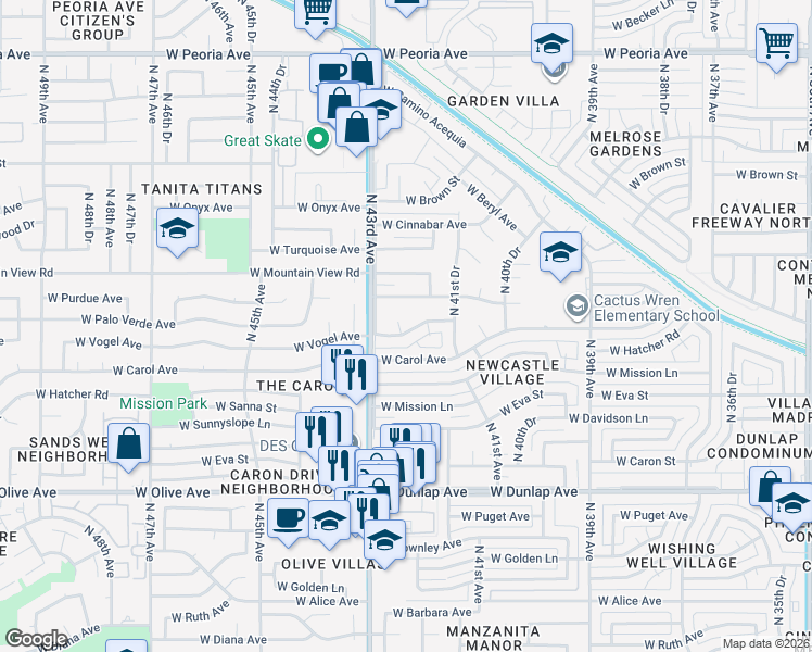 map of restaurants, bars, coffee shops, grocery stores, and more near 4232 West Vogel Avenue in Phoenix