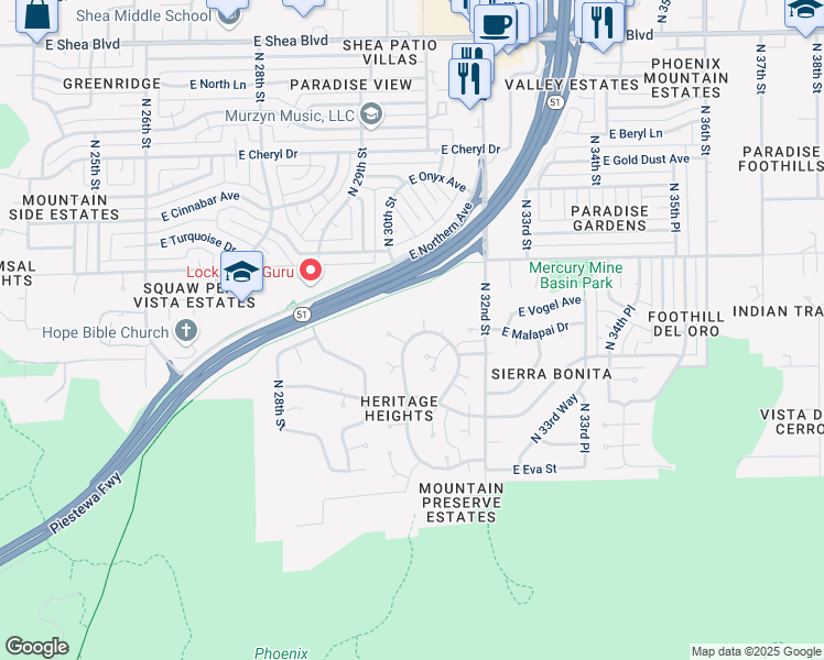 map of restaurants, bars, coffee shops, grocery stores, and more near 9426 North Arroya Vista Drive West in Phoenix