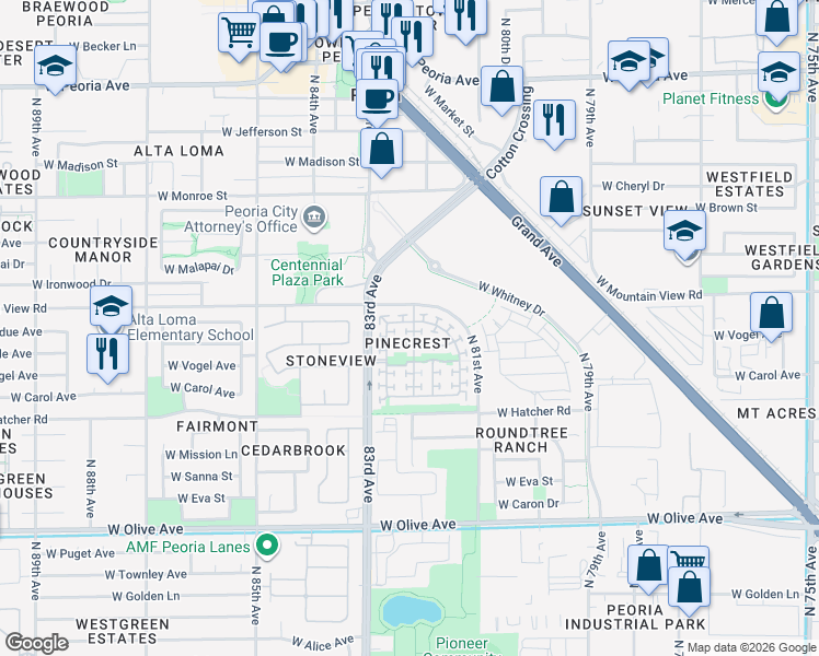 map of restaurants, bars, coffee shops, grocery stores, and more near 9686 North 82nd Lane in Peoria