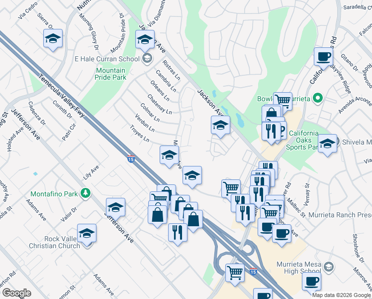 map of restaurants, bars, coffee shops, grocery stores, and more near 40995 Belleray Avenue in Murrieta