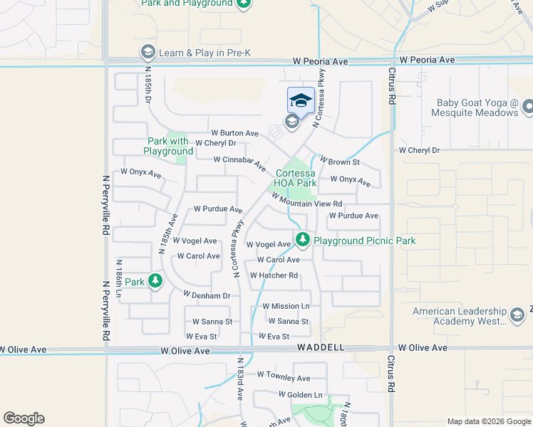 map of restaurants, bars, coffee shops, grocery stores, and more near 9745 N 182nd Ln in Waddell