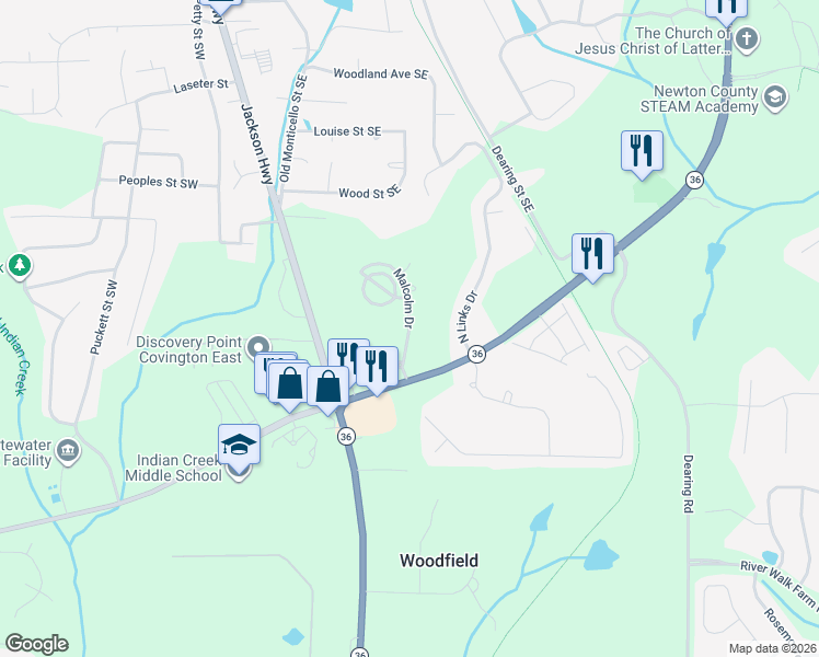 map of restaurants, bars, coffee shops, grocery stores, and more near 10168 Malcolm Drive in Covington