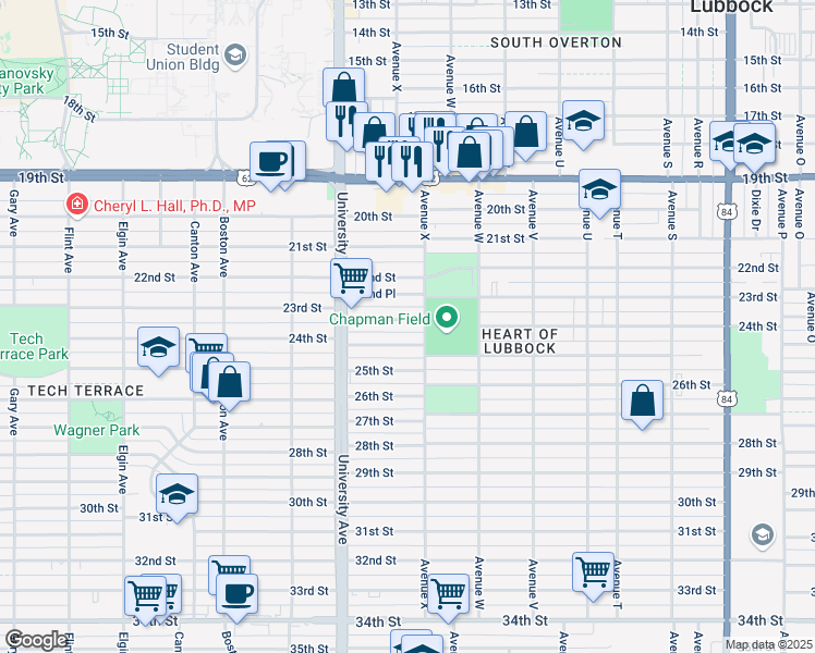 map of restaurants, bars, coffee shops, grocery stores, and more near 2407 23rd Street in Lubbock