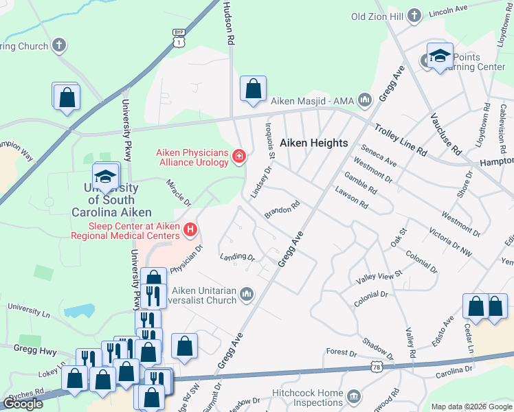 map of restaurants, bars, coffee shops, grocery stores, and more near 17 Hudson Road in Aiken