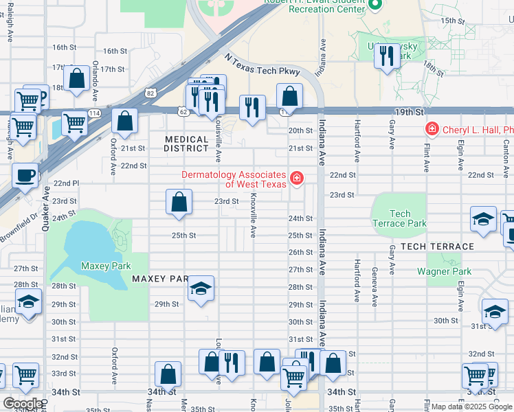 map of restaurants, bars, coffee shops, grocery stores, and more near 3519 23rd Street in Lubbock