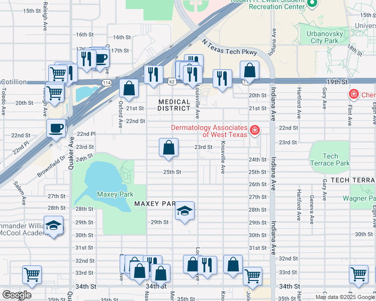 map of restaurants, bars, coffee shops, grocery stores, and more near 3707 23rd Street in Lubbock