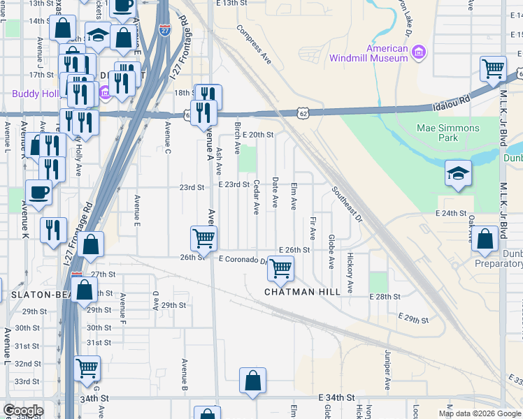 map of restaurants, bars, coffee shops, grocery stores, and more near 2317 Cedar Avenue in Lubbock