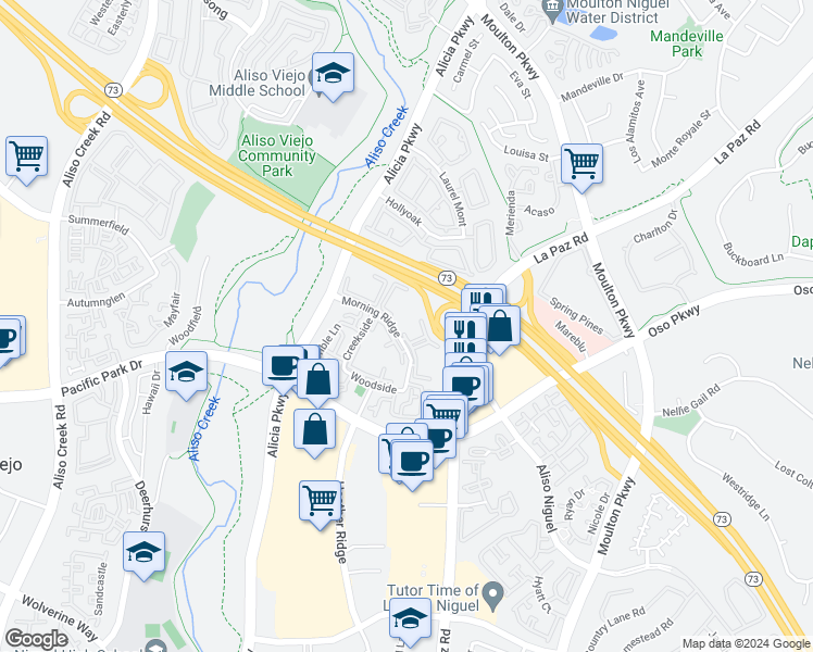 map of restaurants, bars, coffee shops, grocery stores, and more near 51 Bentwood Lane in Aliso Viejo