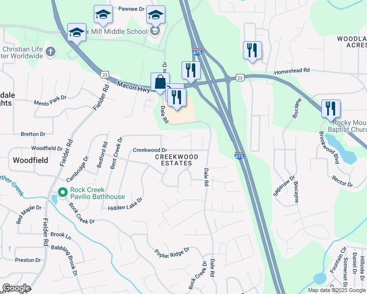 map of restaurants, bars, coffee shops, grocery stores, and more near 3374 Creekwood Drive in Rex