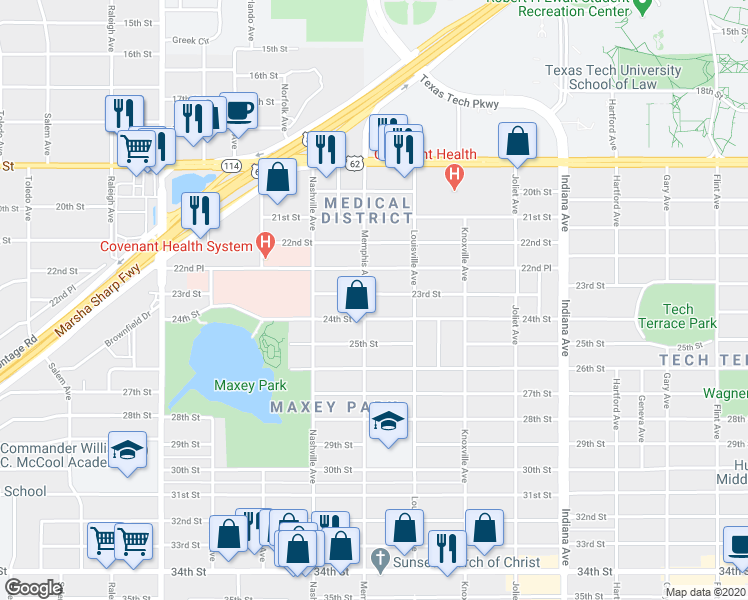 map of restaurants, bars, coffee shops, grocery stores, and more near 3801 23rd Street in Lubbock