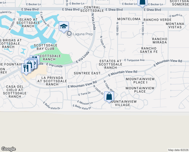 map of restaurants, bars, coffee shops, grocery stores, and more near 9448 North 106th Place in Scottsdale