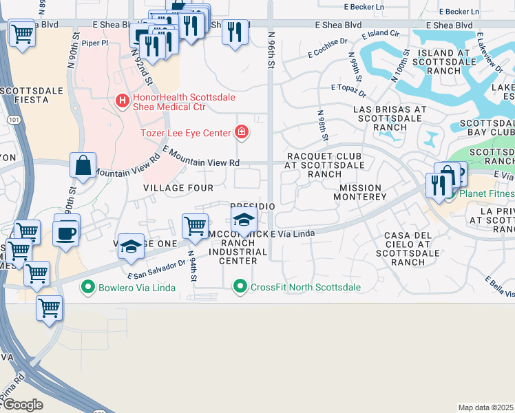 map of restaurants, bars, coffee shops, grocery stores, and more near 9600 North 96th Street in Scottsdale