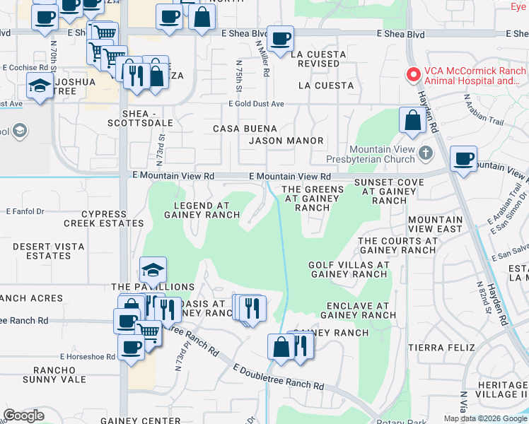 map of restaurants, bars, coffee shops, grocery stores, and more near 7475 East Gainey Ranch Road in Scottsdale
