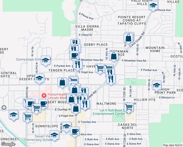 map of restaurants, bars, coffee shops, grocery stores, and more near 809 East Vogel Avenue in Phoenix