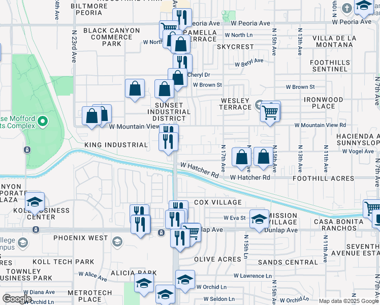 map of restaurants, bars, coffee shops, grocery stores, and more near 9451 North 18th Drive in Phoenix