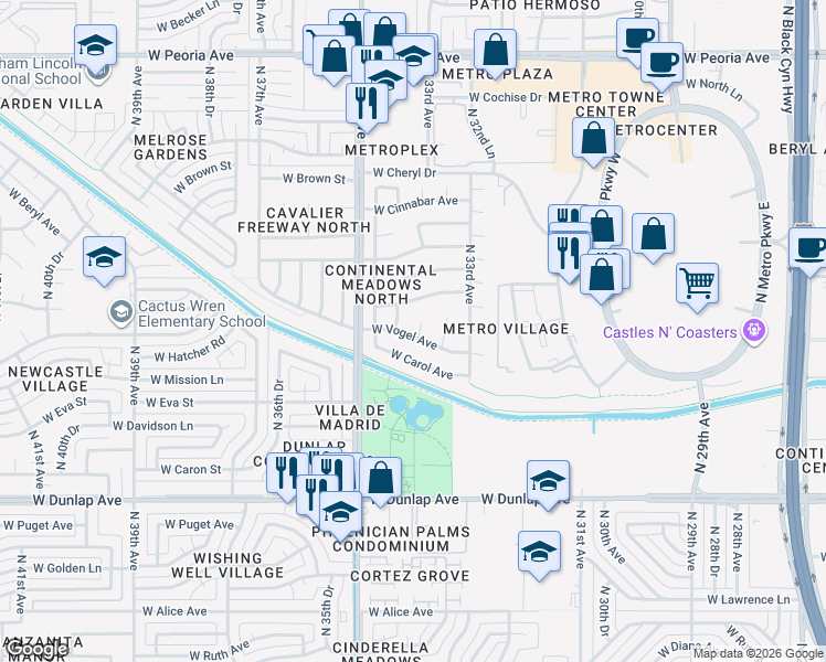 map of restaurants, bars, coffee shops, grocery stores, and more near 9601 North 34th Drive in Phoenix