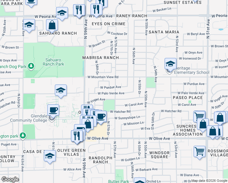 map of restaurants, bars, coffee shops, grocery stores, and more near 9630-9698 North 57th Avenue in Glendale