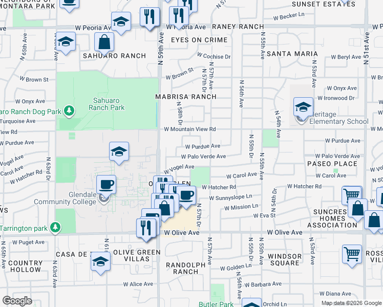 map of restaurants, bars, coffee shops, grocery stores, and more near 5734 West Palo Verde Avenue in Glendale