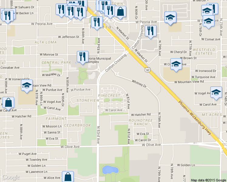 map of restaurants, bars, coffee shops, grocery stores, and more near 9686 North 82nd Lane in Peoria