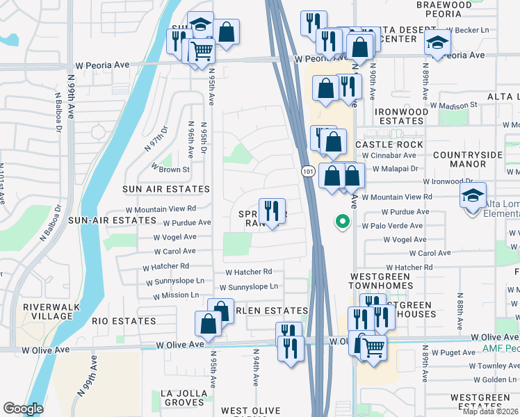 map of restaurants, bars, coffee shops, grocery stores, and more near 9653 North 94th Avenue in Peoria