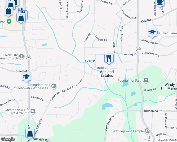 map of restaurants, bars, coffee shops, grocery stores, and more near 6674 Judy Lane in Riverdale