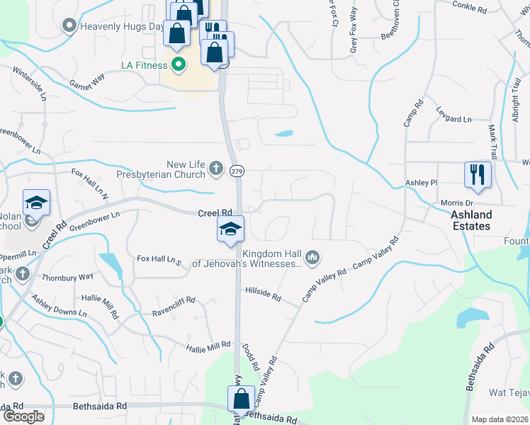 map of restaurants, bars, coffee shops, grocery stores, and more near 6791 Mancha Street in Atlanta