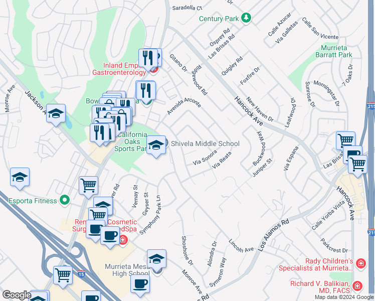map of restaurants, bars, coffee shops, grocery stores, and more near 40371 Corte Martinez in Murrieta