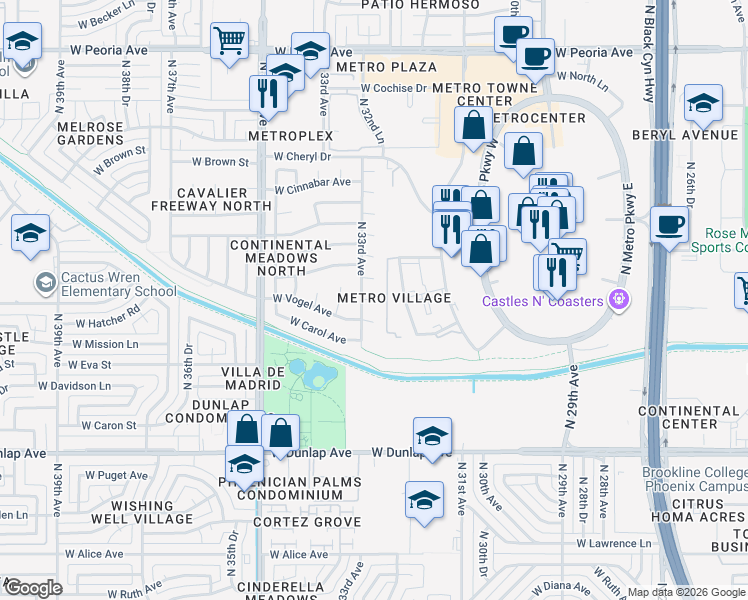 map of restaurants, bars, coffee shops, grocery stores, and more near 2600 West Camino Vista Circle in Phoenix