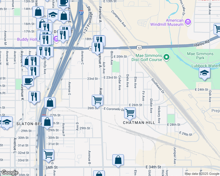 map of restaurants, bars, coffee shops, grocery stores, and more near 2318 Birch Avenue in Lubbock