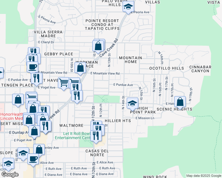 map of restaurants, bars, coffee shops, grocery stores, and more near 9509 North 13th Street in Phoenix