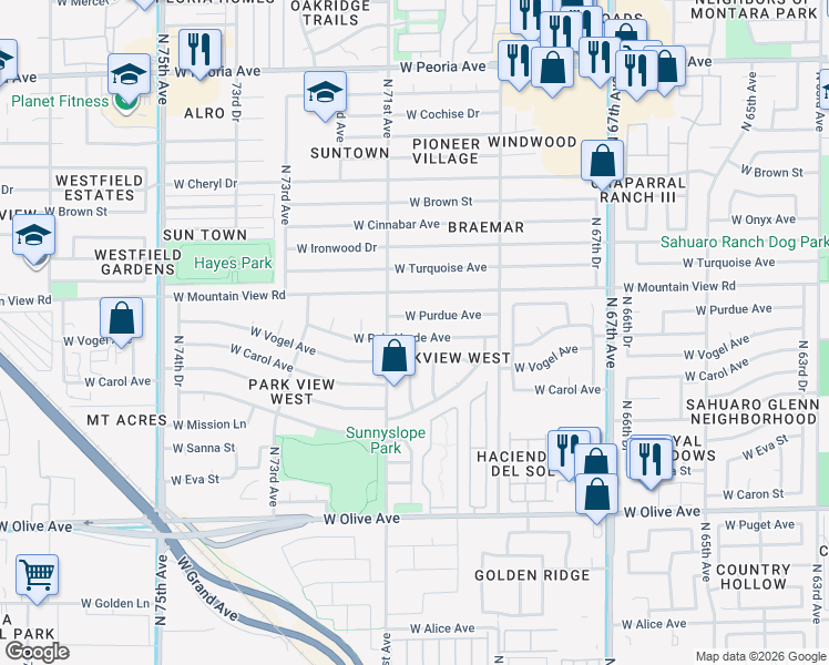 map of restaurants, bars, coffee shops, grocery stores, and more near 7034 West Palo Verde Avenue in Peoria