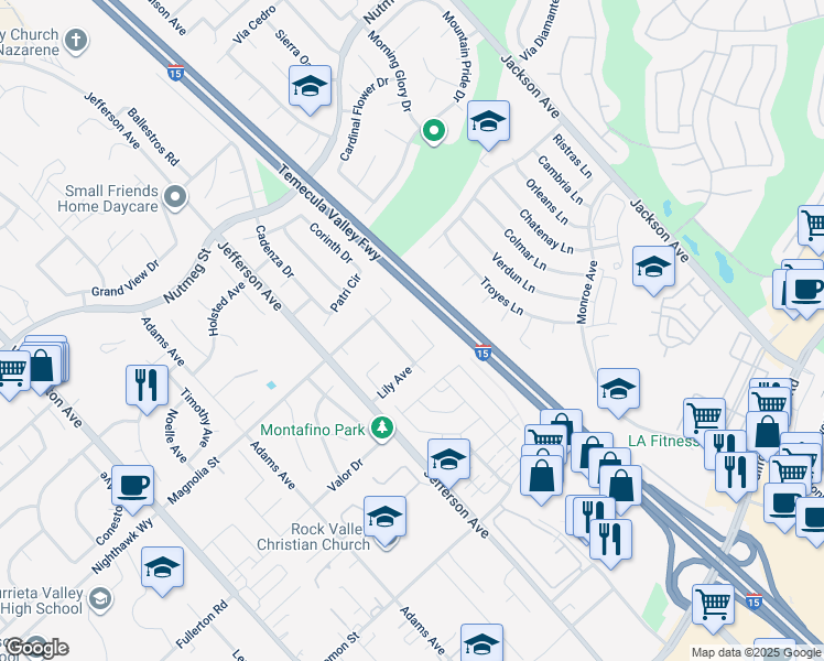 map of restaurants, bars, coffee shops, grocery stores, and more near 24063 Fuschia Court in Murrieta