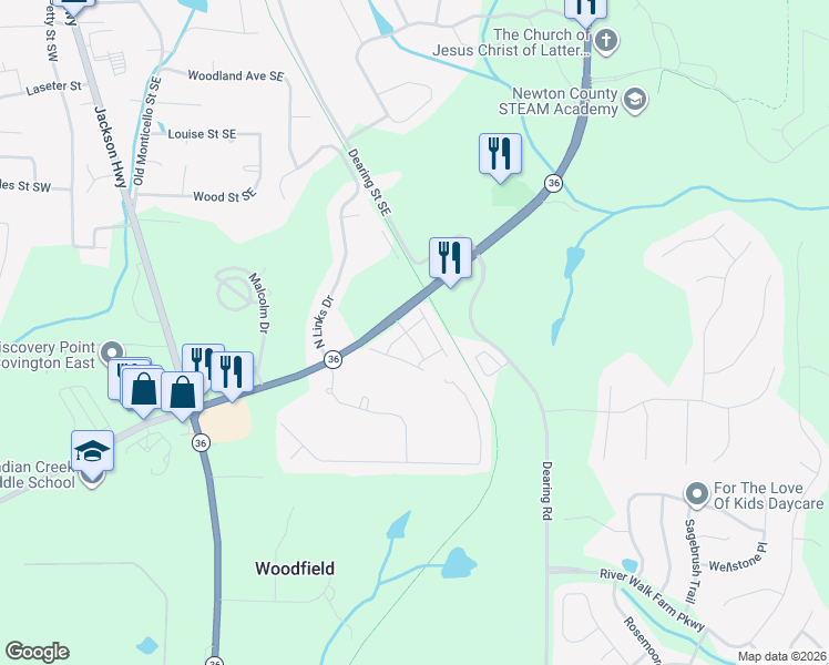 map of restaurants, bars, coffee shops, grocery stores, and more near 35 Brookline Parkway Southeast in Covington