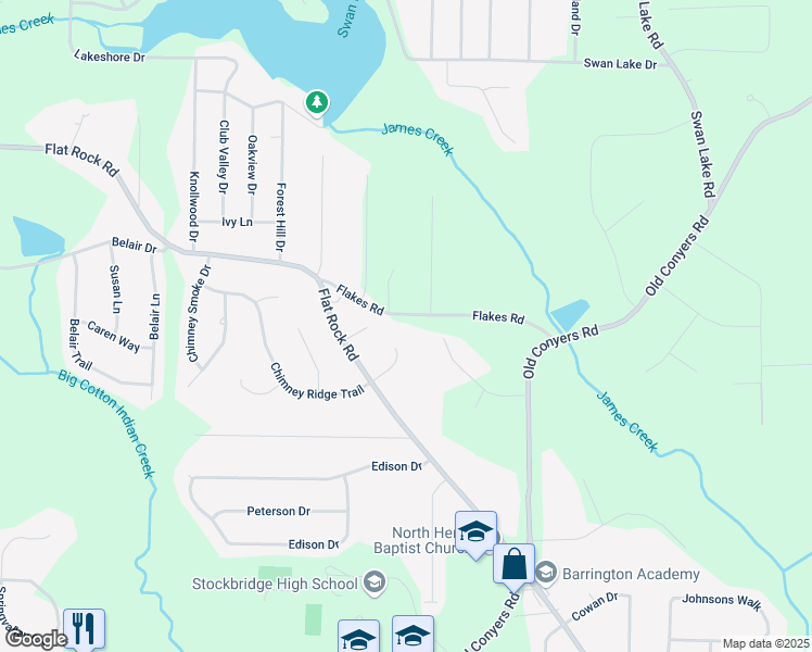 map of restaurants, bars, coffee shops, grocery stores, and more near 40 Flakes Road in Stockbridge