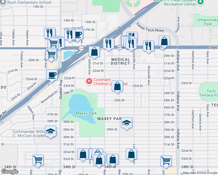 map of restaurants, bars, coffee shops, grocery stores, and more near 3815 23rd Street in Lubbock