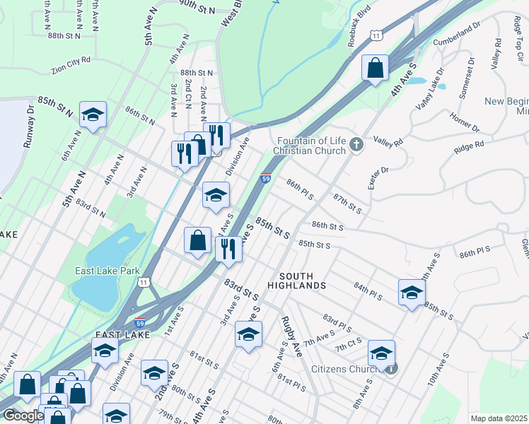 map of restaurants, bars, coffee shops, grocery stores, and more near 8511 2nd Avenue South in Birmingham