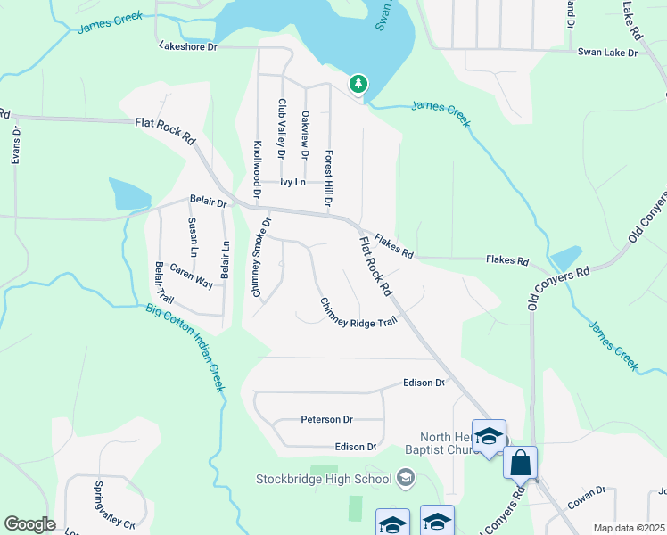 map of restaurants, bars, coffee shops, grocery stores, and more near 85 Chimney Rise Court in Stockbridge
