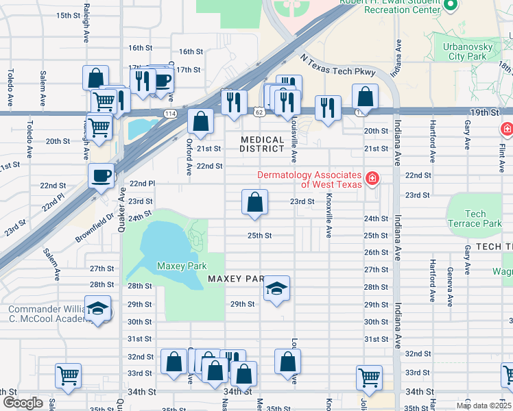 map of restaurants, bars, coffee shops, grocery stores, and more near 3801 23rd Street in Lubbock