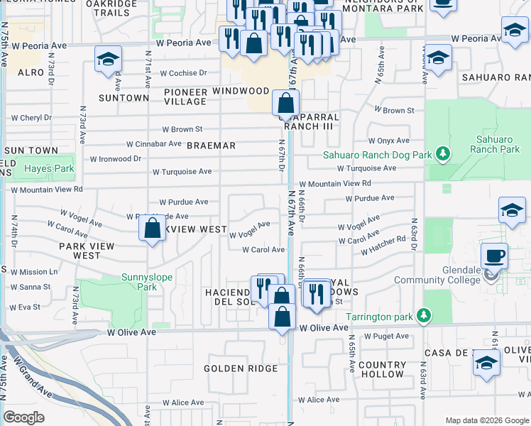 map of restaurants, bars, coffee shops, grocery stores, and more near 6733 West Palo Verde Avenue in Peoria