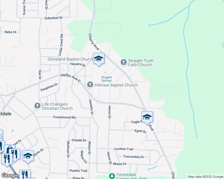 map of restaurants, bars, coffee shops, grocery stores, and more near 1625 Mann Drive in Birmingham