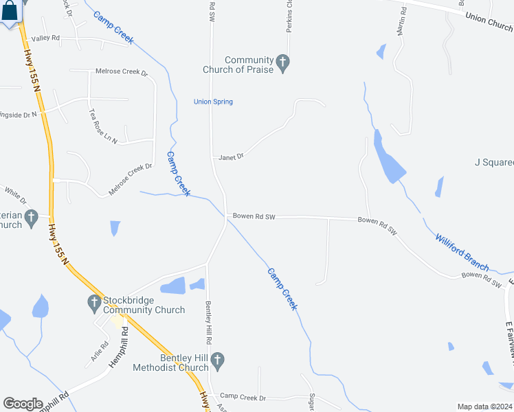 map of restaurants, bars, coffee shops, grocery stores, and more near 4525 Bowen Road Southwest in Stockbridge