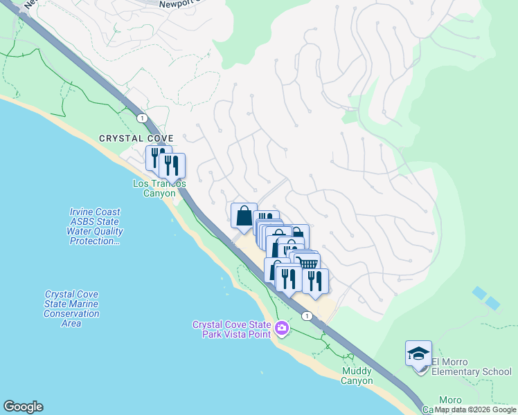 map of restaurants, bars, coffee shops, grocery stores, and more near 92 Sidney Bay Drive in Newport Beach