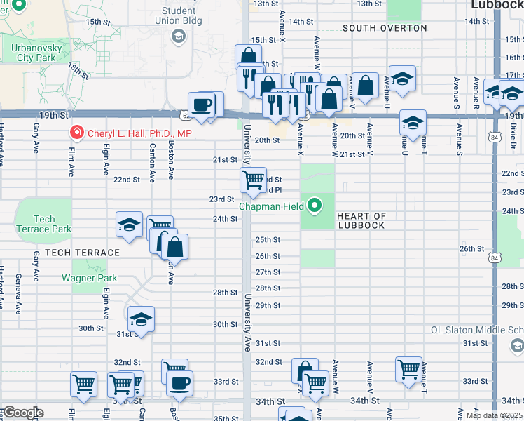 map of restaurants, bars, coffee shops, grocery stores, and more near 2427 23rd Street in Lubbock